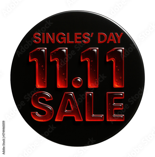 Glossy black circular sticker with SINGLES' DAY 11.11 SALE in bold red letters, striking retail discount promotion on transparent background.