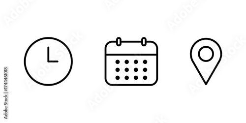 Clock, calendar, and location icons for date, time, and navigation concepts, Date icon, Time icon, Vector illustration.