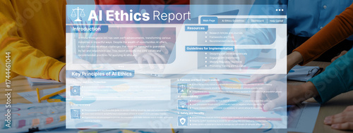 A diverse team collaborates on an AI ethics report, discussing important guidelines and principles for responsible technology use and innovation in today society. Trope