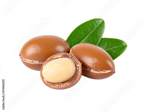 Argan Nuts with Green Leaves Isolated on Transparent Background. Food Concept