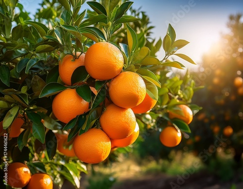 bunch of fresh ripe oranges hanging on a tree in orange garden