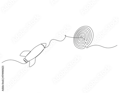 Continuous line drawing of rocket fly to target. Single line illustration of rocket go to target. Startup success target, marketing goal concept. Editable outline