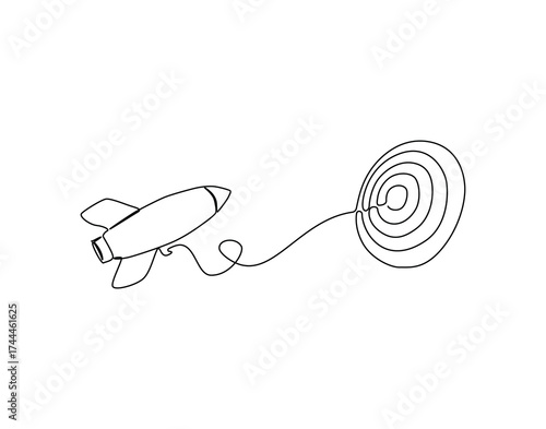 Continuous line drawing of rocket fly to target. Single line illustration of rocket go to target. Startup success target, marketing goal concept. Editable outline