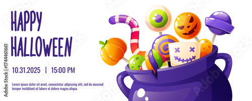 Horizontal flyer. Halloween candy in a witchs cauldron. Potion making and witchcraft, spooky candies and lollipops. Posters, Happy Halloween cards, advertising flyers, and invitations.
