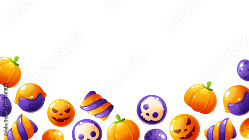 Trick or treat horizontal vector flyer design for Halloween. Happy Halloween. A frame of spooky and scary candies, sweets, and lollipops. Perfect for holiday cards, posters, invitations, and stickers.