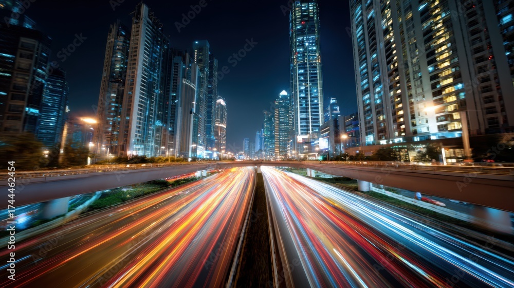 Fototapeta premium Bright streaks of car lights move through the city streets at night. Tall skyscrapers dominate the skyline as the city comes alive with activity and energy.