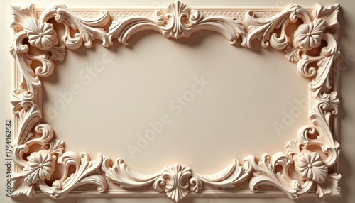 Ornate beige ornate frame with floral and leaf scrolls. Elegant decorative border for text or image. Classic design with relief texture and smooth finish.