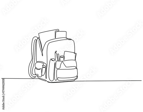 Continuous line drawing of backpack with stationary . Single line illustration of opened backpack with stationary. Back to school concept. Editable outline