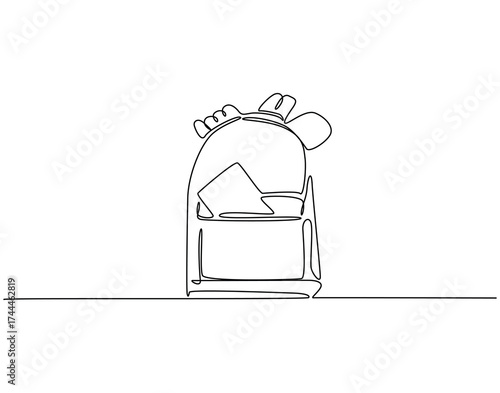 Continuous line drawing of backpack with stationary . Single line illustration of opened backpack with stationary. Back to school concept. Editable outline