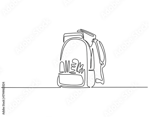 Continuous line drawing of backpack with stationary . Single line illustration of opened backpack with stationary. Back to school concept. Editable outline