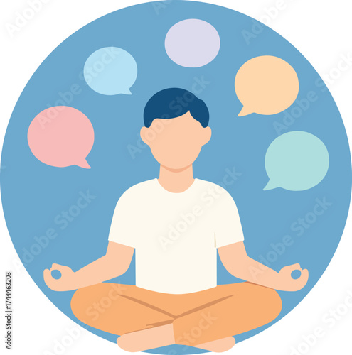 Person meditating calmly surrounded by thoughts speech bubbles in soothing circle