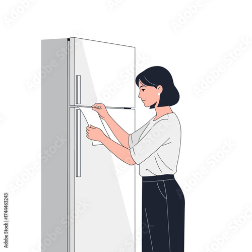 Woman cleaning refrigerator with cloth in modern kitchen  