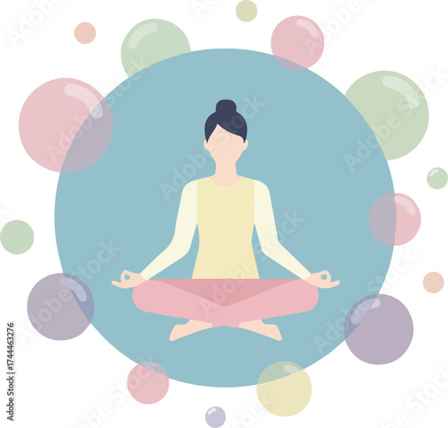 Serene person meditating surrounded by colorful abstract bubbles conveying peace and tranquility