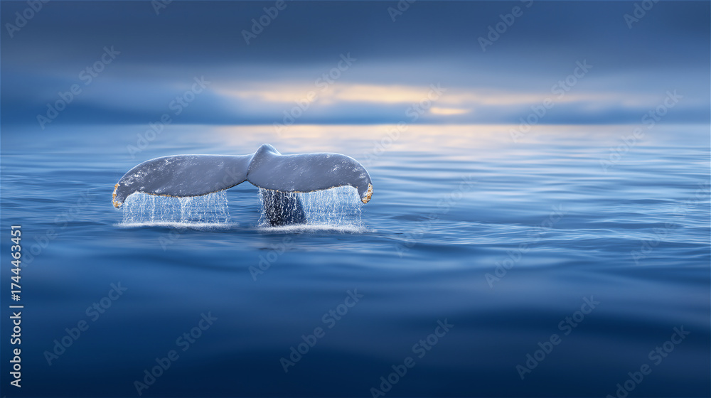 Naklejka premium Melting iceberg floating in calm ocean at sunset, concept of climate change, global warming and environmental awareness.