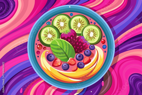 vector of Overhead shot of a vibrant smoothie bowl with raspberries, banana slices, blueberries, and kiwi arranged in a row on a colorful purple swirl...