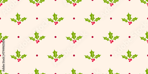 Holly berry vector seamless pattern. Christmas background with mistletoe berries, green leaves, dots. Traditional winter holiday symbol. Cute modern all-over texture. Repeated design for print, decor