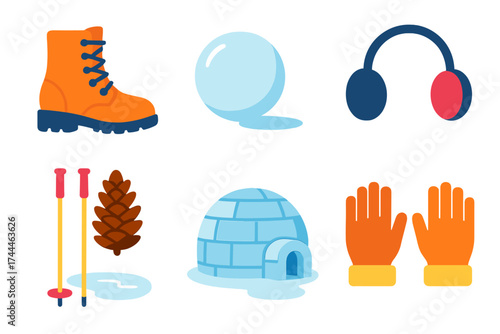 Winter Gear Icons. Winter boots in modern flat. Lace-up boots, snowball, earmuffs, frozen lake, pinecone, ski poles, igloo, warm gloves.