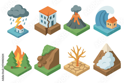 Natural Disaster Icons. Nature Disasters set icons in flat vector style. Storm, earthquake, volcano, tsunami, wildfire, landslide, drought, avalanche