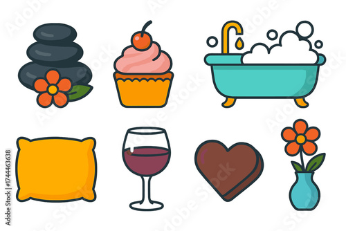 Relaxation Essentials Icons. Treat yourself in modern flat. Spa stones, cupcake with cherry, bubble bath, massage oil, soft pillow, glass of wine, heart-shaped chocolate, flower