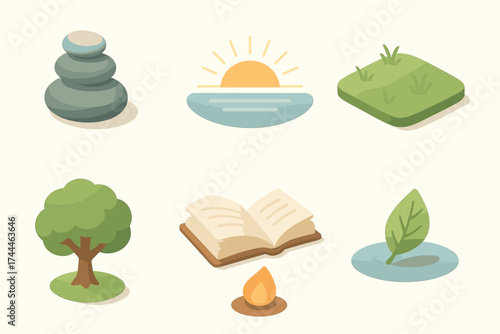 Serene Isometric Icons. Ease set icons in flat vector style smooth pebble stack, calm pond, sunrise horizon, quiet meadow, shaded tree, open book, glowing ember, floating leaf