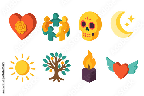 Isometric Day of the Dead Icons. Symbolic Day of the Dead set icons in flat vector style. Heart with marigold, unity circle, glowing skull, moon with stars, radiant orb, tree of