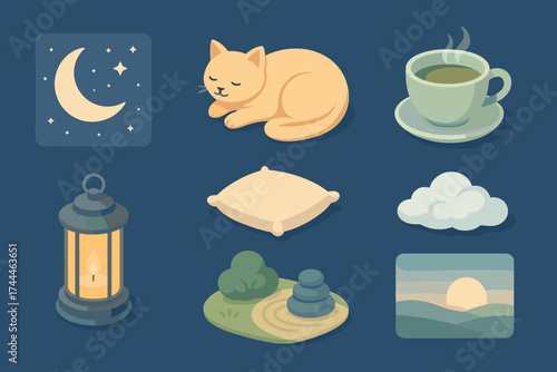 Serene Icon Set. Gentle Peace set icons in flat vector style silent starry sky, relaxed cat, calm tea cup, drifting cloud, glowing lantern, soft cushion, tranquil garden, serene