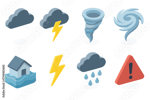 Storm Icons Set. Storm Set set icons in flat vector style. Hail, thundercloud, tornado, hurricane, flood, lightning, heavy rain, storm warning