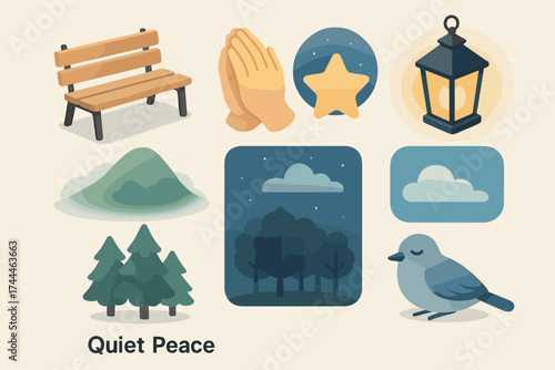 Tranquil Isometric Icons. Quiet Peace set icons in flat vector style empty bench, folded hands, misty hill, glowing lantern, silent star, serene sky, shaded forest, resting bird