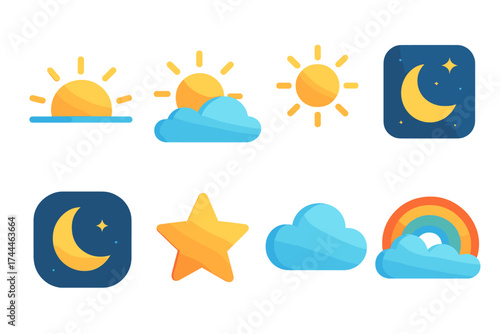 Isometric Sky Icons. Daily Cycle set icons in flat vector style. Sunset, sunrise, noon sun, night sky, moon, star, cloud, rainbow
