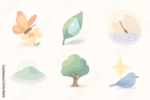 Serene Nature Icons. Delicate Calm set of icons in gradient flat butterfly on flower, dew drop on leaf, floating dandelion seed, soft ripple in pond, misty hill, shaded tree