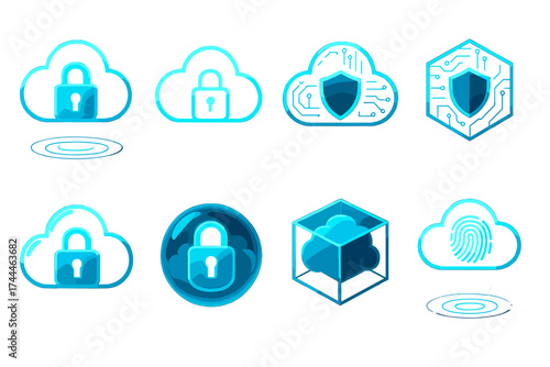 Futuristic Cloud Security Icons. Futuristic Secure Cloud set of icons silhouette. Holographic cloud with lock, neon glowing secure cloud, circuit cloud with shield, transparent