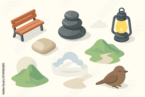 Serene Isometric Icons. Silence set icons in flat vector style empty bench, smooth pebble stack, foggy hill, glowing lantern, soft cushion, serene sky, shaded path, resting bird