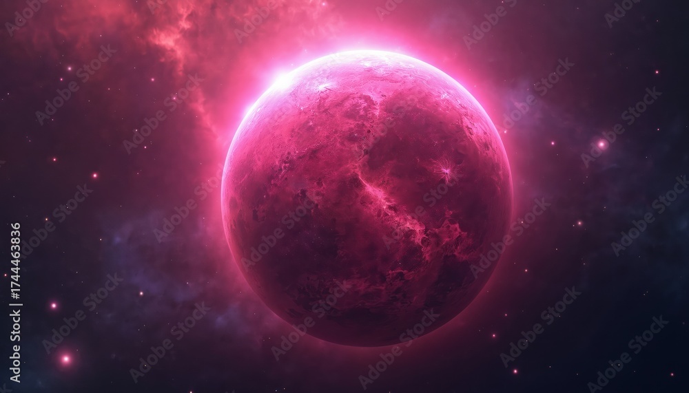 Obraz premium Glowing pink planet in deep space. Vibrant red celestial body shines against starry cosmic background. Bright sphere surrounded by nebulosity and stars in the universe.