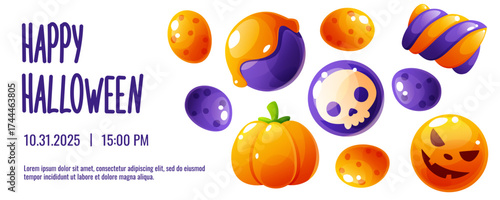 A horizontal vector flyer design for Halloween trick or treating. Happy Halloween. Spooky and scary candies, sweets, and lollipops. Perfect for holiday cards, posters, invitations, and stickers.