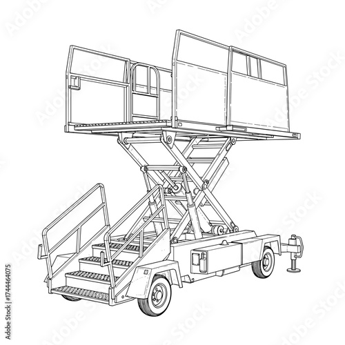 Aircraft Boarding Stairs Technical Illustration - Detailed Engraving Style Black and White Vector Drawing