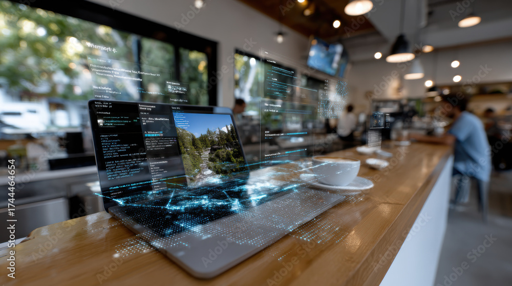 custom made wallpaper toronto digitalA modern laptop displays vibrant holographic data overlays, blending technology and nature inside a busy coffee shop, evoking creativity and innovation in a relaxed environment.
