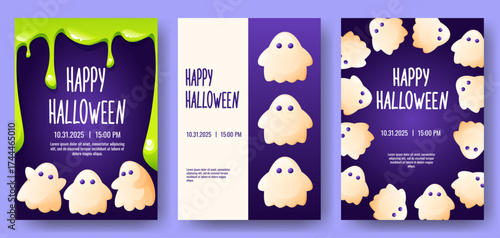 A set of three Halloween cards. A poster with funny ghosts in various poses and a dripping green potion. Happy Halloween. Festive background, cover, advertising banner, and flyer design.