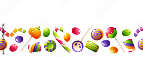 Seamless border of Halloween lollipops on a white background. Sweets and candies of various colors and shapes. Festival poster, banner template.