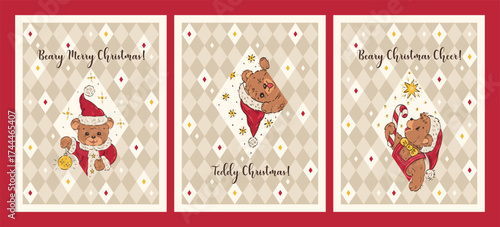 Vector Set of Christmas Greeting Cards with Cute Teddy Bears in Santa Hat