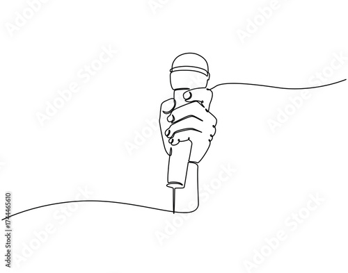 Continuous line drawing of hand holding microphone. Single line illustration of man with microphone. Reporter, media concept. Editable outline