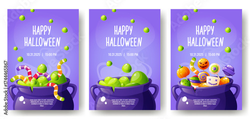 Halloween lollipops in a witchs cauldron. Green potion with bubbles, potion making and witchcraft, scary lollipops and candies. Posters, Happy Halloween cards, flyers, and invitations.