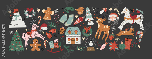 Christmas holiday collection in cozy cartoon style. Retro Scandinavian festive illustrations with gifts, reindeer, snowman and Christmas tree.