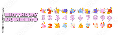 Birthday numbers set in fun retro cartoon style. Numbers 1 to 9 with balloons, gifts, cakes, candles, and party decorations. Festive and colorful birthday designs in trendy retro doodle style.