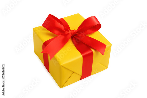 Yellow gift box with red ribbon and bow
