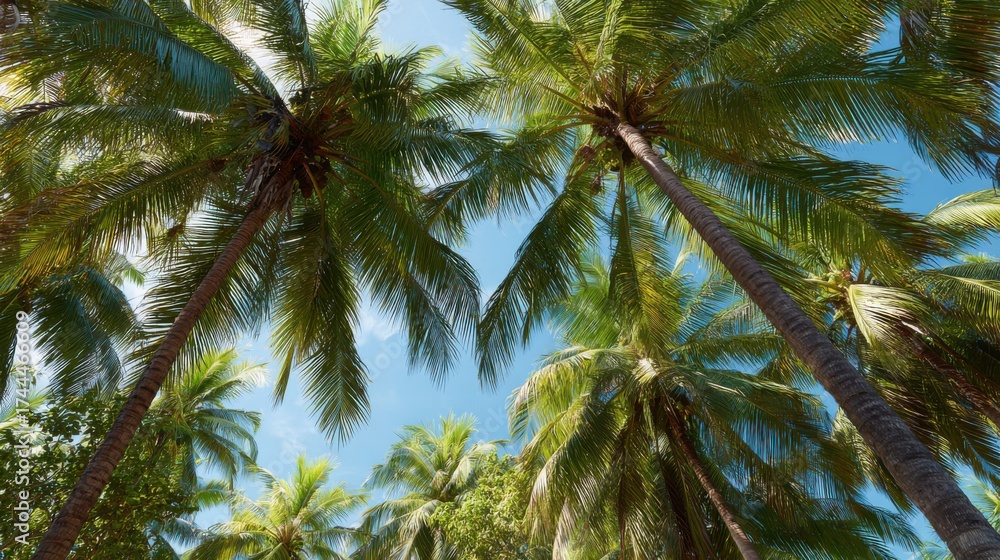 Fototapeta premium Beneath a bright blue sky tall palm trees reach upward their fronds gently swaying in the warm breeze. This tropical scene invites relaxation and a sense of escape.