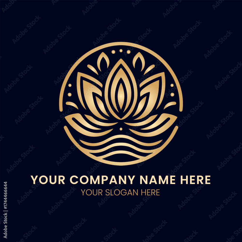 Fototapeta premium Luxurious Gold Line Art Lotus Flower and Water Logo in a Circle Frame