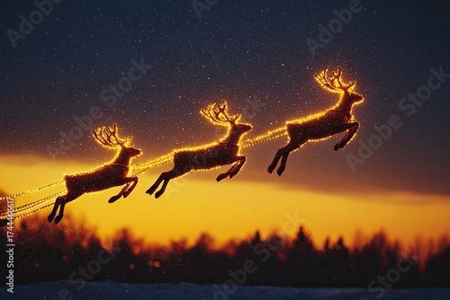 Glowing reindeer soar through twilight sky, creating magical win