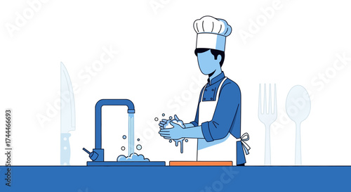 A chef in the kitchen carefully washing his hands, hygiene and cleanliness important