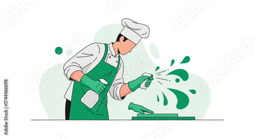 A Chef in A Green Apron Sanitizes, Maintaining Food Safety in Kitchen Space