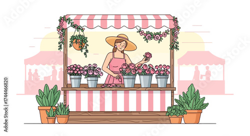 A Blooming Florist Stands at A Market Stall Surrounded by Colorful Roses and Plants